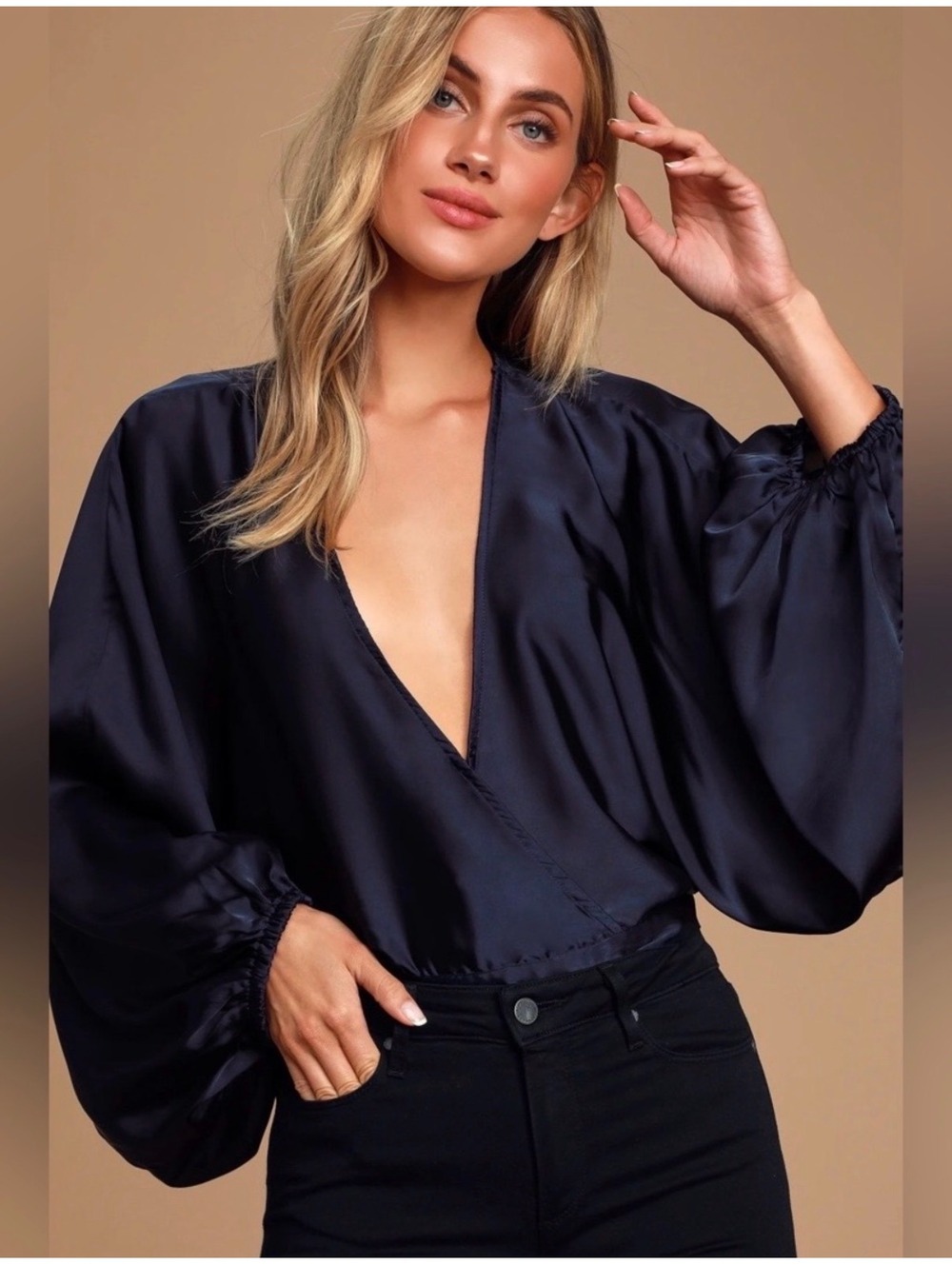 Free People Satin Wrap Blouse with Balloon Sleeves, Size Small